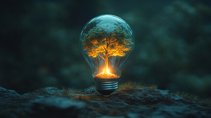 A tree flourishing inside a glowing lightbulb, representing sustainable innovation with a modern, empty space for text, creating a sense of harmony and progress amidst chaos


