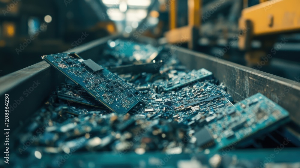 Poster conveyor belt transporting numerous printed circuit boards highlights automated processes in electro