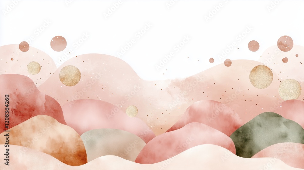 Poster abstract earth tones and fluid shapes with floating circles on a white background