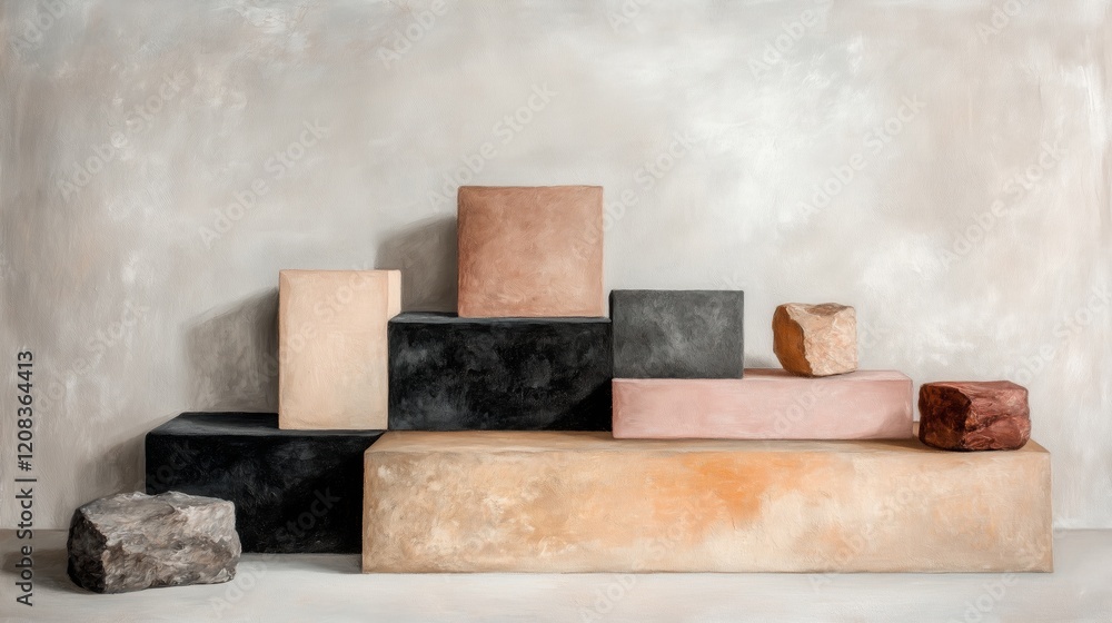 Poster minimal geometric stone blocks in neutral tones against a textured background