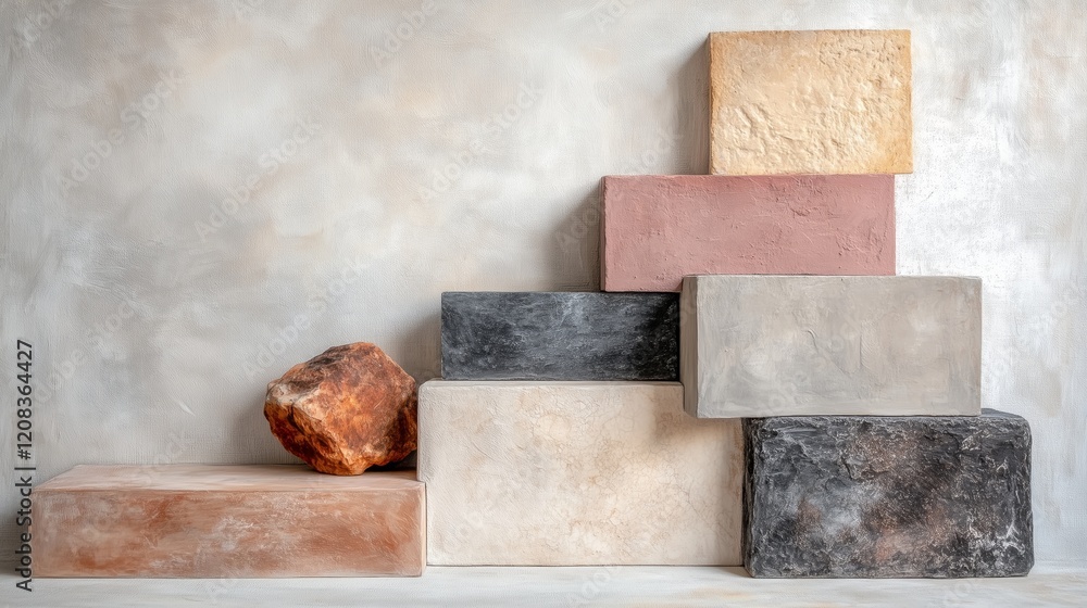 Poster elegantly stacked textured blocks in neutral tones on abstract background