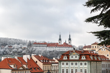 Panoramic view on Prague Historical Gothic Medieval castle and church complex, St. Vitus Cathedral, Charles Bridge, astronomical clock, Basilica of St. George, Unesco city tourism
