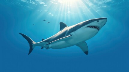 Fototapeta premium Majestic Great White Shark Underwater Sunlight Scene