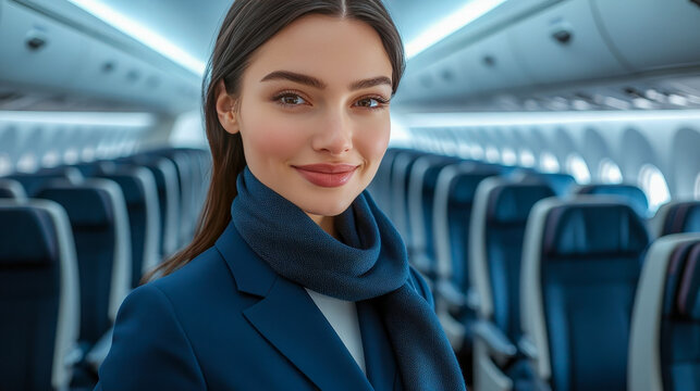 A flight attendant in uniform and scarf stands in the aisle of the airplane and smiles