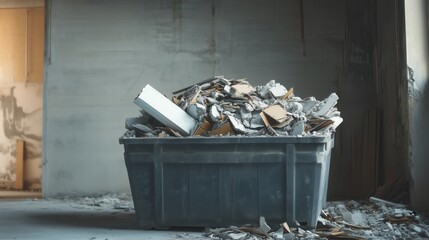 The construction waste container is piled high with shattered pieces of drywall, spilling over the edges in a jumble of white dust and jagged fragments.