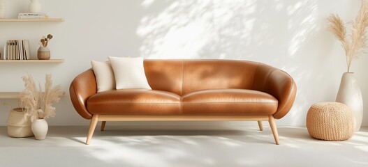Modern minimalist living room with leather sofa and natural decor