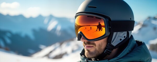 Man with innovative ski goggles, helmet enjoys snowy slope. Snowy mountain range in background. Man looks focused, active on sunny winter day. Modern ski gear, winter outdoor lifestyle. Sporty,