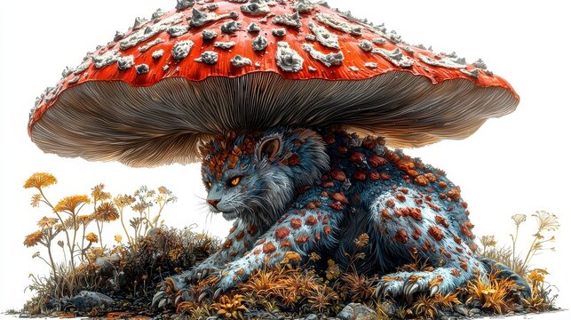 Fantasy creature, lynx-like, under giant mushroom. - Powered by Adobe