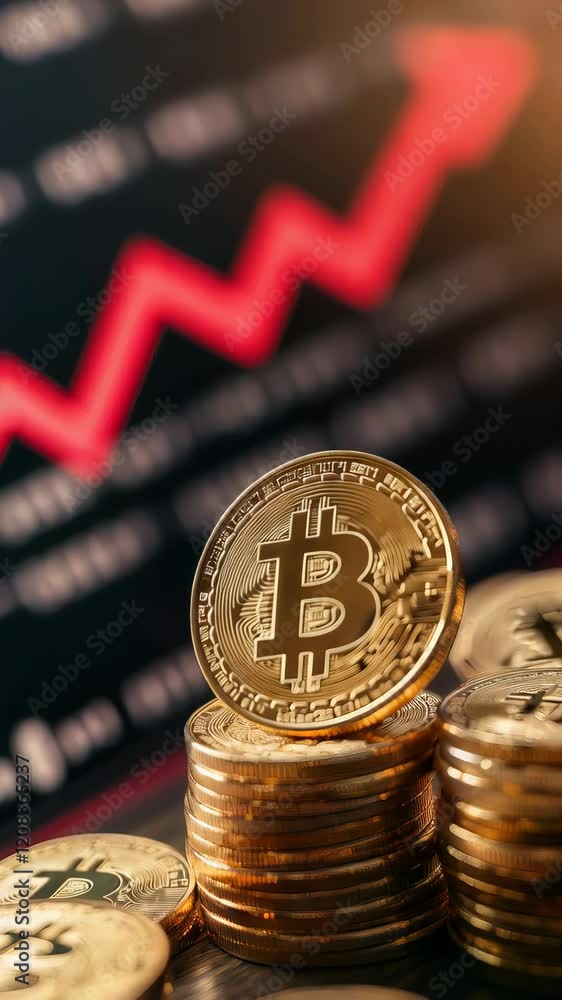 Poster Bitcoin cryptocurrency coins stacked on each other with a rising red graph in the background, suggesting a positive trend in the market and successful investment