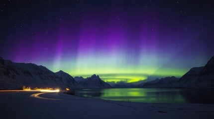 Stunning Aurora Borealis Over Snowy Mountains and Calm Lake