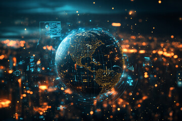 Obraz premium Futuristic Digital Dashboard Overlay on Smart City Skyline Showcasing Data Visualization, Urban Innovation, and Global Technology