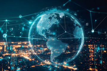 Futuristic Digital Dashboard Overlay on Smart City Skyline Showcasing Data Visualization, Urban Innovation, and Global Technology
