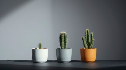 Three Cacti in Modern Pots Minimalist Home Decor