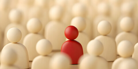 Naklejka premium One red figure stands out amongst many beige figures. A concept of individuality, leadership, or standing apart.