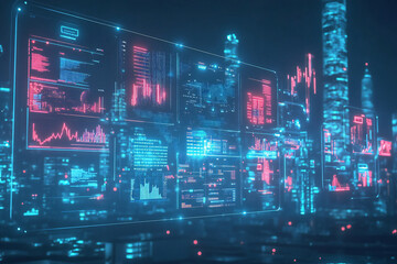 Futuristic Digital Dashboard Overlay on Smart City Skyline Showcasing Data Visualization, Urban Innovation, and Global Technology
