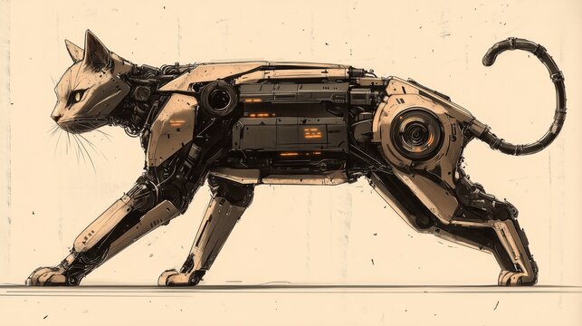 Futuristic robotic cat: intricate mechanical design and advanced technology