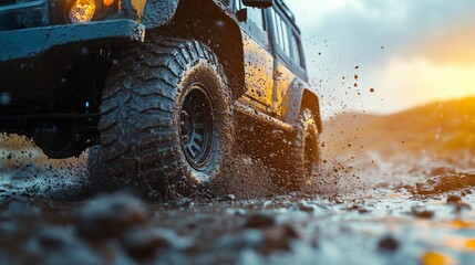 Off-road adventure with mud-splattered suv at sunset