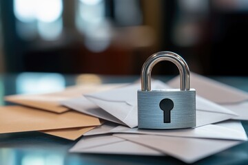 A padlock sits on top of a pile of envelopes, securing the contents