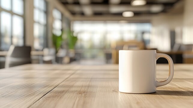 coffee mug, blurred office background, coffee break, coffee badging, copy and text space, 16:9 - Powered by Adobe