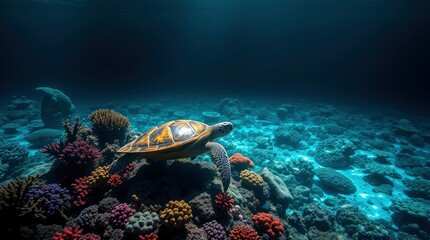 Sea Turtle Swimming in Vibrant Coral Reef