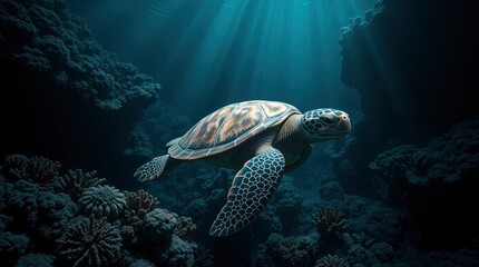 Fototapeta premium Majestic Sea Turtle Underwater Scene in Coral Reef