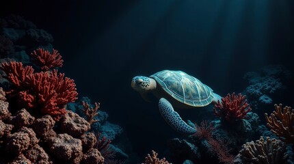 Obraz premium Sea Turtle Gracefully Swimming in Coral Reef