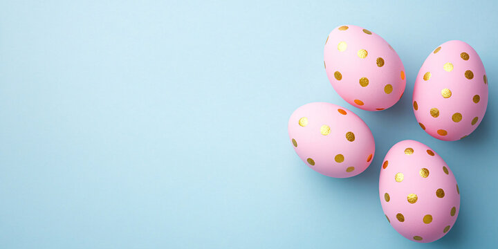 Pink Easter eggs with golden dots on side of blue background with copy space