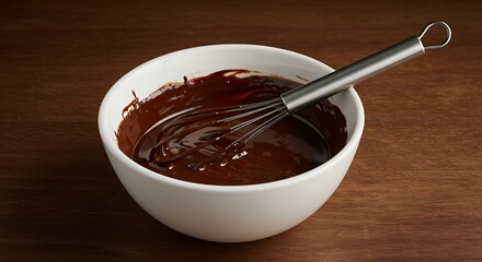 Melted chocolate sauce mixing in white bowl on wooden table.  Delicious cooking.