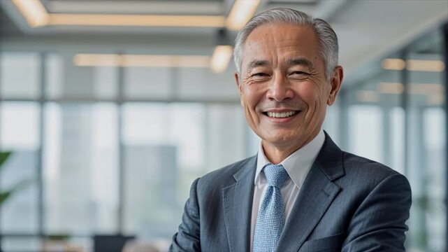 A confident old man smiling and crossing his arms in a professional office environment. Success and institutionalization. 06.
