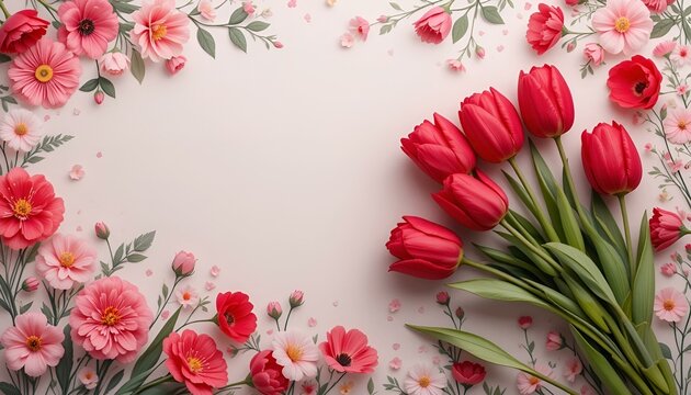 Beautiful arrangement of red tulips and pink flowers on floral background
