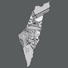 Palestine Map patterned with Decorative elements, mosq, watermelon, keffiyeh, olives, poppy flowers, key, black and white vector illustration on grey background