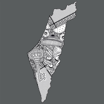 Palestine Map patterned with Decorative elements, mosq, watermelon, keffiyeh, olives, poppy flowers, key, black and white vector illustration on grey background