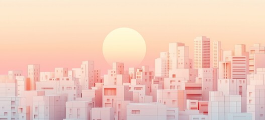 Minimalist sunset cityscape with geometric buildings and soft pastel colors