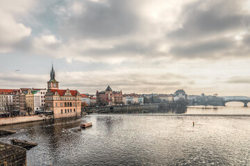 Panoramic view on Prague Historical Gothic Medieval castle and church complex, St. Vitus Cathedral, Charles Bridge, astronomical clock, Basilica of St. George, Unesco city tourism