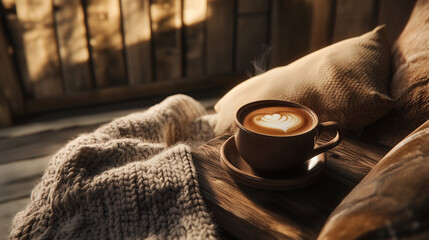 Cozy cup of coffee with latte art on wooden table