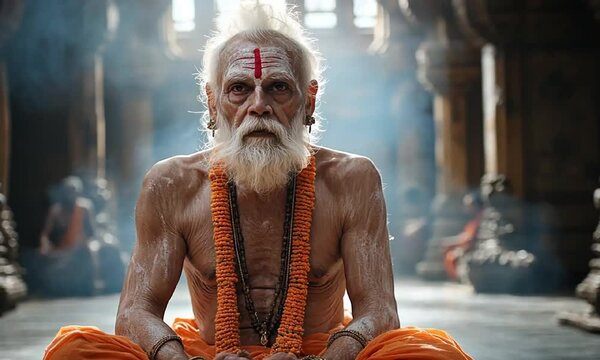 Elderly sage meditating in ancient temple embracing peaceful serenity.