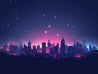 Fototapeta premium Vibrant city skyline at night with starry sky and neon glow