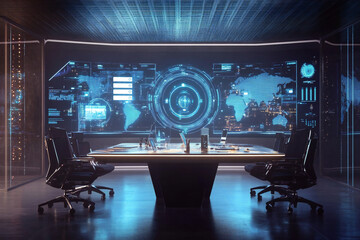 Fototapeta premium Futuristic Digital Dashboard Overlay on Smart City Skyline Showcasing Data Visualization, Urban Innovation, and Global Technology