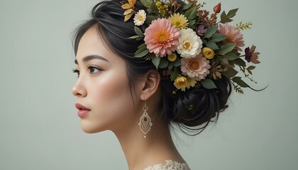 Naklejka premium Elegant young woman with floral hair arrangement, showcasing beauty in profile view