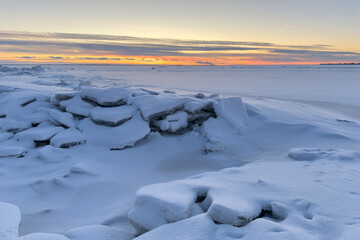 Winter sunset view of the Gulf of Finland in the Baltic Sea.