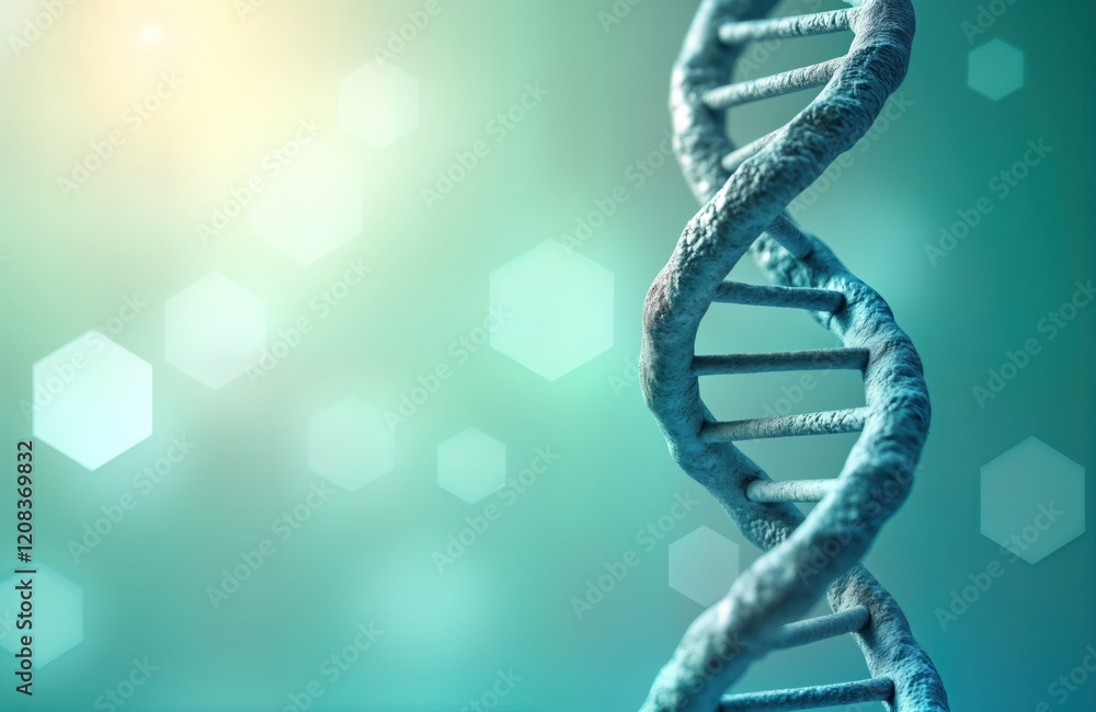 Poster abstract dna helix shows futuristic tech. soft blue, green background with hexagon bokeh. image repr