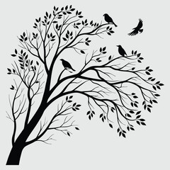 a tree with birds perched on branches silhouette vector design art and illustration