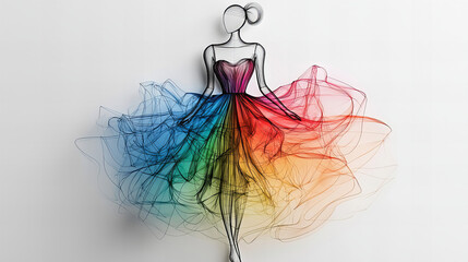 Creative wire art design featuring a dress in vibrant rainbow colors with a delicate figure on a white background