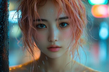 A detailed portrayal of a neon-lit cyberpunk girl clad in advanced armor. A vision of high-tech futurism. Captures the spirit of virtual reality and cyberpunk. 3D render