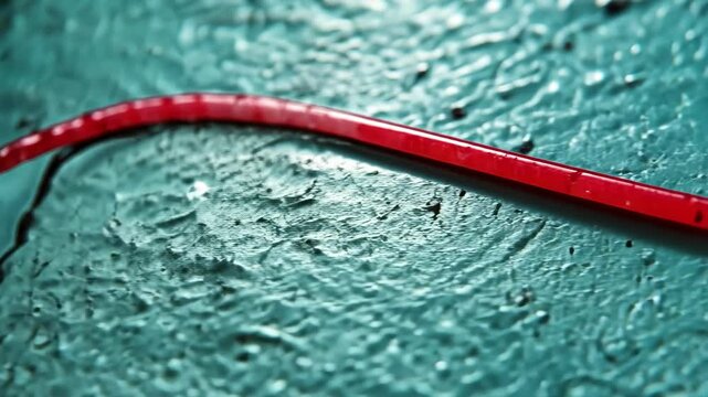 Vibrant red tool against a textured blue surface highlighting intricate details