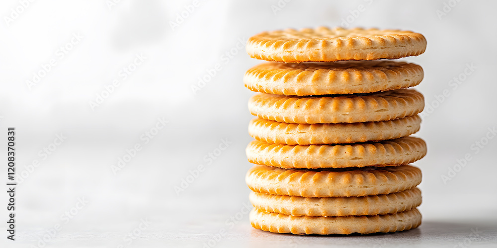 Poster stack of golden-brown crackers on a light background. perfect for snacking or pairing with cheese.