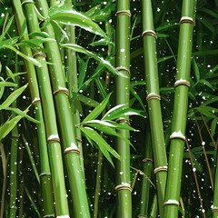 Obraz premium Lush Green Bamboo Forest Under Light Snowfall