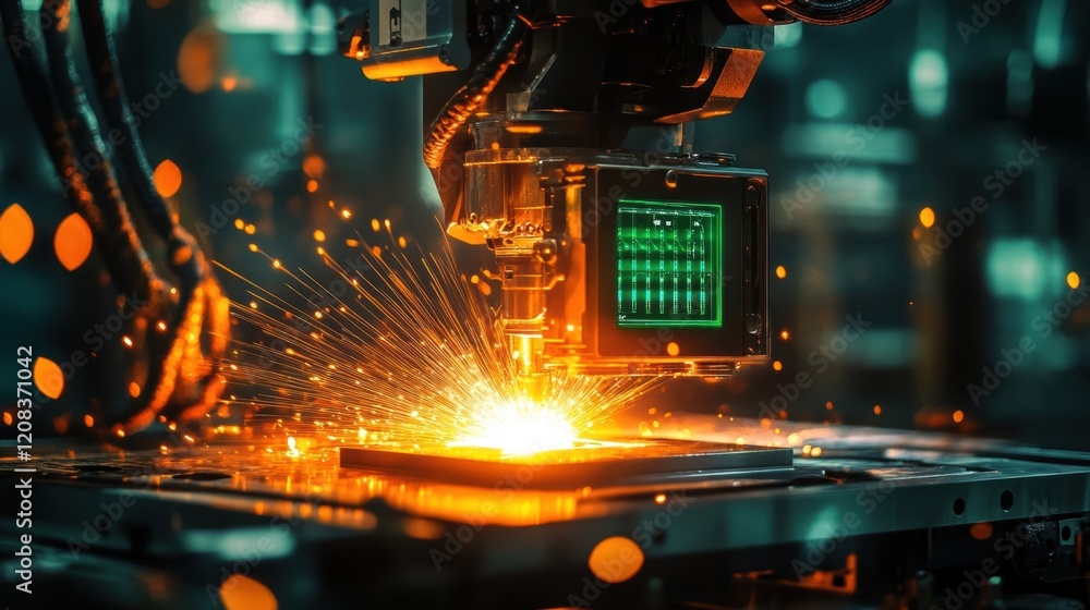 Poster automated robotic arm emitting bright sparks while using laser for precise manufacturing process on 