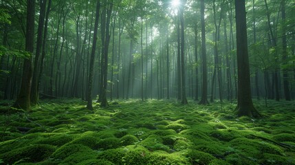 Fototapeta premium Sunlight filtering through dense trees in a tranquil moss-covered forest