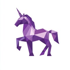 Purple polygonal unicorn figure on white background, used as logo or symbol